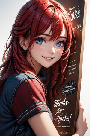 Very beautiful girl holding a board with text "Thanks for 1K likes!" text, illustration, detailed, realistic, UHD, beautiful detailed eyes, beautiful detailed, Warmly smile.,Text,Ink art,long hair,red hair,hair between eyes