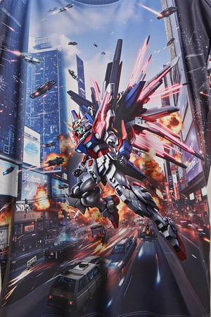 design(A dynamic close-up shot of a gundam warrior in action, his metallic body glistening under neon lights, clashing with enemies on the busy streets of a futuristic city. Exploding vehicles and fire create a chaotic scene. The backdrop features towering skyscrapers with holographic advertisements and flying vehicles whizzing by. The warrior's pose is aggressive, with his glowing energy weapon activated and wings of light emanating from the backpack on his back. The scene is lit with a combination of artificial and natural lighting, creating dramatic shadows.,a 3D rendering of a figurine ,T-shirt)