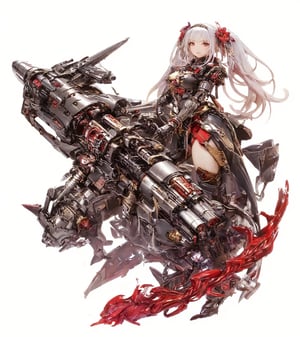 1girl,Anime-style illustration of a fierce young woman, wielding an enormous gatling gun, Character: dual-colored hair, (white and gold twintails), red flower accessories,Outfit: black and red dress with goth-inspired details, thigh-high boots. Expression: determined, slightly cocky smile,Pose: dynamic, holding massive weapon, body turned slightly,
Gatling gun: oversized, futuristic design. Black metal body with red accents and glowing parts. Multiple rotating barrels, complex mechanical details. Gun larger than the character herself,
Color scheme: primarily black and red with white accents,Style: highly detailed anime art, clean lines, emphasis on mechanical designs. Background: plain white, focus entirely on character and weapon.
Additional details: red ribbon-like elements flowing from dress and gun, intricate patterns on clothing and weapon, slight metallic sheen on gun parts. Overall impression: powerful, stylish fusion of traditional Asian aesthetics with futuristic weaponry.,Anime Style,fantasy girl,\mechako\,Resin,a 3D rendering of a figurine 