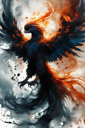 A majestic phoenix's silhouette stands out against a mesmerizing backdrop of swirling ink brushstrokes. The phoenix's piercing gaze meets the viewer's as it rises from the ashes, suspended in a dramatic ascent pose. A veil of ink rain and smoke surrounds the subject, with delicate droplets glistening like tiny jewels. Masterfully crafted digital art with a professional touch, this stunning image exudes a sense of mastery.