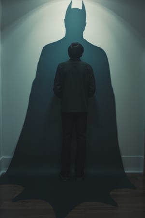 ((T_shirt)),Design(Photo of Bruce Wayne, standing pose, 10yo, sadness, his shadow is in the shape of Batman. Dramatic scene, cinematic lighting, perfect image, best quality, best image, masterpiece, UHD, 16K.)full length shirt