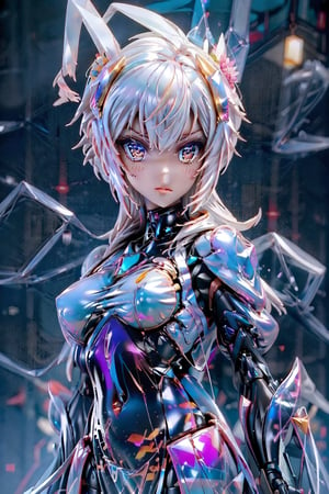 Dark aesthetic,  (tiny cute translucent polycarbonate sci-fi robots), polycarbonate plastic frame, stunning unreal engine render, intricate details,( robot girl), Oil Painting