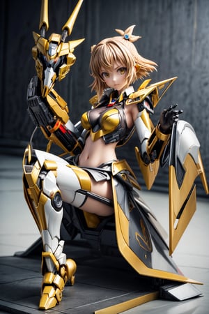 mechskirt(yellow armor),(kung_fu dojo background), full-body_portrait, More Detail,porcelain_art,add detail,mecha,score_9_up,score_8_up,score_7_up,3D,thflex,kung fu, hair ornament,short hair,hibiki tachibana, navel,bodysuit,Golden Warrior Mecha,mecha musume