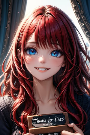 Very beautiful girl holding a board with text "Thanks for 1K likes!" text, illustration, detailed, realistic, UHD, beautiful detailed eyes, beautiful detailed, Warmly smile.,Text,Ink art, long_hair,red_hair