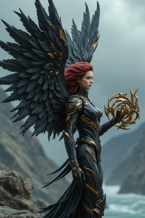 full_body, a young beautiful girl wear a VALKYRIE archangel armored suit, standing cofidently on top of mountain cliff, her (((large, intricately high-tech mecha feathered metal wings))) spread wide as if shielding the viewer from the turbulent weather. The archangel's armor glints with an oil-painted sheen, its intricate details and folds expertly rendered in shades of metallic black carbon fibre and gold steel. (((holding a huge black and gold intricate magic wand))). Her piercing gaze, dark red hair, seems to defy the raging storm, as if calling forth a mighty reckoning.hyperrealism, realistic portrait, photography, true color, subtle lighting, cinematography, Canon EOS R5, RF 85mm, ISO 300, vibrant color, more real realistic, volumetric clear intricate hyper details, volumetric clear texture, clear HD background, ultra HD realistic resolution, realistic shadow, epic fantasy character art, movie still, dramatic shadow, analogue diffusion style, CGSociety, Unreal Engine, Blender rendering, game cinematic, no smoke, mist, or fog, remove blur and noise, Angelic Knight,a 3D rendering of a figurine 