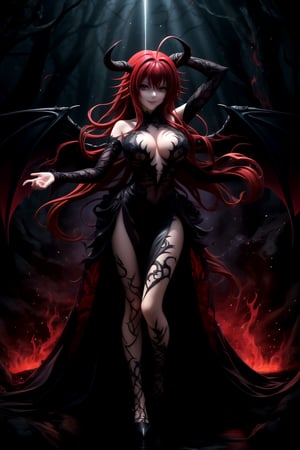 (best quality), (highly detailed), masterpiece, (official art), Rias Gremory as a malevole demon , lips evil smile, with long flowing red hair and a delicate ahoge, darkness black wings spread wide behind her. She is wearing a intricatr, elegant black gown that flows gracefully around her, softly billowing as she floats in the hell. Rias stands with her arms,as if welcoming you with a violento and demonic presence, her red eyes. Rays of dark light shine down from the heavens, illuminating her figure, while she hovers among soft, glowing fire. The hell with red rays breaking through, creating atmosphere. Her wings emit a darkness, ethereal light, adding to her demonic presence.