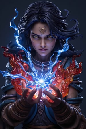 A sorceress's hands crackle with electric blue sparks as she harnesses elemental forces in an ultra-realistic close-up. Whipping winds swirl around her, whipping hair into a frenzy. Fiery red flames dance on her fingertips, while earthy brown tones beneath hint at ancient magic. Water droplets glisten on her skin, reflecting the tempest's fury. In this 10x RF-boosted epic fantasy artwork, the sorceress's eyes gleam with intense concentration as she commands the elements to bend to her will.,resin,a 3D rendering of a figurine 