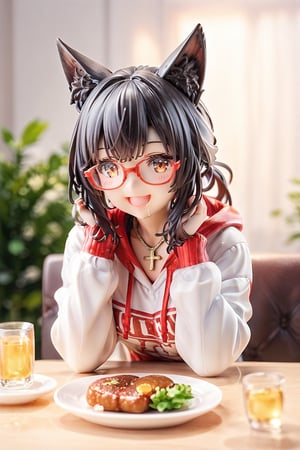 //quality, masterpiece:1.4, detailed:1.4, ,best quality:1.4, //, 1girl, cute,solo,Tekeli,//,black fox ears,animal ear fluff,black fox tail,sidelocks,black hair,red inner hair,short ponytail,red eyes,//, fashion,red_glasses,cross_necklace, hoodies,hood down,//,blush,happy,smile, drooling,:D,(straight-on), looking down, sitting,//,ink paint, bright lights and colors, indoor, restaurant,beef steak, dishes of beef steak,detailed beef steak,pov beef steak,score_9,score_8_up,score_7_up,3D