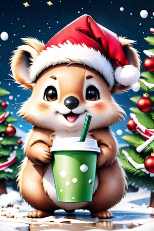 A detailed illustration of a print of a cute quokka standing under Christmas tree and it wear Santa hat drinking cup of frappuccino, Christmas theme, hyper realistic high quality, t-shit desing graphic, vector, carton, contour, fantasy swirls splash, modern t-shirt design, in the style of Studio Ghibli, light white red and green pastel tetradic colors, 3D vector art, cute and quirky, fantasy art, watercolor effect, bokeh, Adobe Illustrator, hand-drawn, digital painting, low-poly, soft lighting, birds-eye view, isometric style, retro aesthetic, focusedon the character, 4K resolution, photorealistic rendering, usingCinema 4D,Anime Style.,PVC,Ink art style