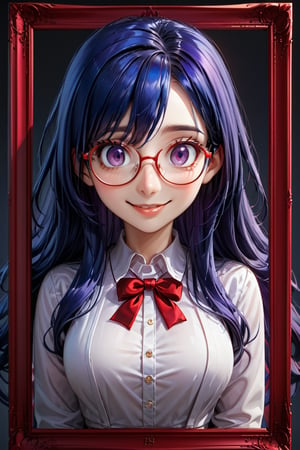 dark_blue hair,red-framed_glasses,long_hair,purple_eyes, score_9_up, score_8_up,score_7_up,3D, portrait, small_smile,Expressiveh,concept art,dark theme