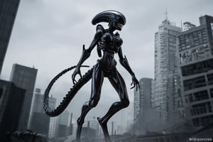 In a masterclass blend of dark fantasy and architectural grandeur, an Alien Xenomorph crouches precariously on the edge of a waterspout atop the iconic Empire State Building. The moody, H.R. Giger-inspired atmosphere is heightened by the approaching thunderstorm, with dynamic lighting casting deep shadows that seem to writhe like living tendrils. The Xenomorph's eyes gleam malevolently as it surveys the city below, poised to strike at any moment., score_9_up, score_8_up,score_7_up,3D,PVC Style