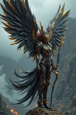 full_body, a young beautiful girl wear a VALKYRIE archangel armored suit, standing cofidently on top of mountain cliff, her (((large, intricately high-tech mecha feathered metal wings))) spread wide as if shielding the viewer from the turbulent weather. The archangel's armor glints with an oil-painted sheen, its intricate details and folds expertly rendered in shades of metallic black carbon fibre and gold steel. (((holding a huge black and gold intricate magic wand))). Her piercing gaze, dark red hair, seems to defy the raging storm, as if calling forth a mighty reckoning.hyperrealism, realistic portrait, photography, true color, subtle lighting, cinematography, Canon EOS R5, RF 85mm, ISO 300, vibrant color, more real realistic, volumetric clear intricate hyper details, volumetric clear texture, clear HD background, ultra HD realistic resolution, realistic shadow, epic fantasy character art, movie still, dramatic shadow, analogue diffusion style, CGSociety, Unreal Engine, Blender rendering, game cinematic, no smoke, mist, or fog, remove blur and noise, Angelic Knight,a 3D rendering of a figurine 