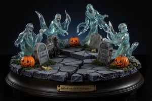  A super-realistic figure, multiple transparent spirits floating around multiple cracked tombstones surrounded by jack-o'-lanterns. The scene takes place on a polished ebony base with a brass nameplate. The nameplate at the feet reads "Did it get cold all of a sudden?", made of Resin.,a 3D rendering of a figurine 