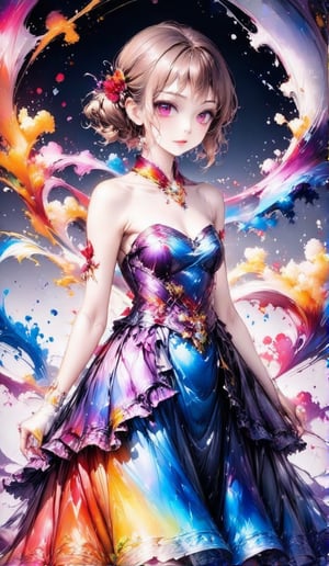 A very beautiful anime girl dressing a elegant dress, her dress is made by ink, looking at viewer, radiant gaze, (front view), upper body, close up, ink brushstrokes in background mastepiece quality, stunning image, colorful, Ink art style.,3D,PVC,vibrant_colors,high_resolution