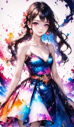 A very beautiful anime girl dressing a elegant dress, her dress is made by ink, looking at viewer, radiant gaze, (front view), upper body, close up, ink brushstrokes in background mastepiece quality, stunning image, colorful, Ink art style.,3D,PVC,vibrant_colors,high_resolution