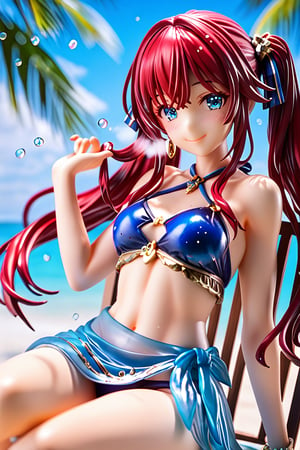 Beautiful girl. She is very badass, she wears a very luxurious bikini, smiling, closed mouth, visible_breath, narrow eyes. detailed image, detailed skin, sexy facial expression, sitting in beach chair, feminine appreance, upper body, sarong, blushing a lot, very sexy pose, cleveage cutout, beach in background, looking at viewer, The swimsuit is well-fitting and sensual. Red hair, blue eyes, long hair, twin tails hairstyle, water drop, ((masterpiece: 1.2)), light particles, droplets in background.,score_9,score_8_up,score_7_up,3D,PVC Style