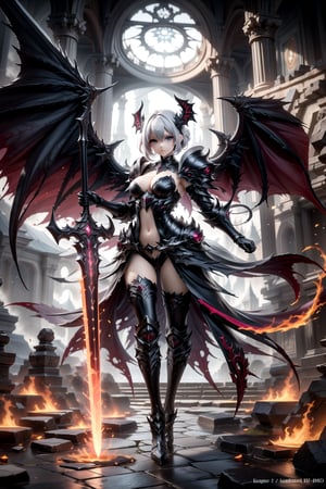 Demon fantasy general,a demon girl with red armour,long hair,tsurime, low wings, head wings, multiple wings,4wings, holding glowing fire red sword, glowing red runes, magic circle, demonic, lighting, glow swirling light, gem, black gemstone, with a dynamic and magical background, masterpiece, best quality, magnificent, celestial demon, ethereal, painterly, epic, majestic, magical, fantasy art, cover art, dreamy, Multi-Layered Textures, HDR, High Dynamic Range, Maximum Clarity And Sharpness, Multi-Layered Textures, 