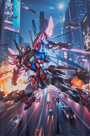 design(A dynamic close-up shot of a gundam warrior in action, his metallic body glistening under neon lights, clashing with enemies on the busy streets of a futuristic city. Exploding vehicles and fire create a chaotic scene. The backdrop features towering skyscrapers with holographic advertisements and flying vehicles whizzing by. The warrior's pose is aggressive, with his glowing energy weapon activated and wings of light emanating from the backpack on his back. The scene is lit with a combination of artificial and natural lighting, creating dramatic shadows.,a 3D rendering of a figurine ,T-shirt), looking from a distance