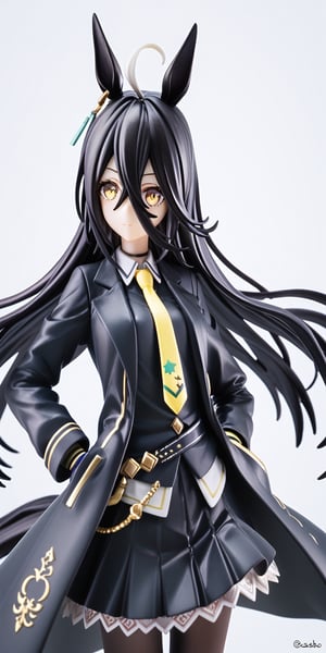 betabeet, ciloranko, rurudo, solo, dark vibe, best quality, 1girl, horse girl, horseears, solo,very long black hair, long bangs,gloves, illustration, gorgerous, delicated eyes, best quality, masterpeice, delicate face, detailed yellow eyes, source_anime,  jima, look at viewer, skirt, shirt, black hair, gloves, long sleeves, white background, animal ears, hair between eyes, jewelry, closed mouth, jacket, tail, yellow eyes, ahoge, pantyhose, earrings, necktie, black gloves, black skirt, coat, black pantyhose,  horse ears, horse girl, horse tail, single earring, black coat, yellow necktie, manhattan cafe \(umamusume\),MANHATTAN CAFE (UMAMUSUME),score_9,PVC Style,score_8_up,score_7_up,3D