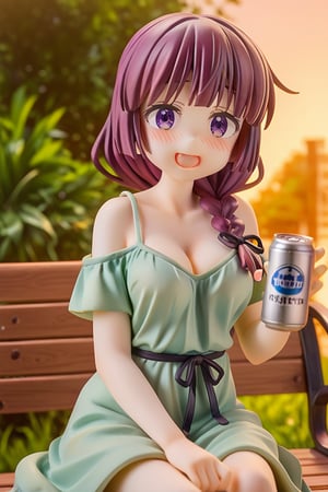 (masterpiece), best quality, expressive eyes, perfect face, score_9,kikuri hiroi, medium breasts, green dress, loose dress, bare_shoulder, cleavage, sitting on bench, looking at viewer, sleepy face, smiling, open mouth, blush, park background, solo, purple eyes, single_braid, black ribbon, holding beer can, score_9_up, score_8_up,score_7_up,3D,PVC Style,beautiful_female_fingers,perfect hands,detailed hands,beautiful hands