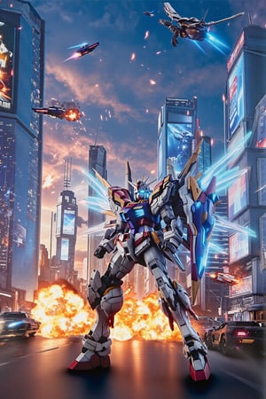 design(A dynamic close-up shot of a gundam warrior in action, his metallic body glistening under neon lights, clashing with enemies on the busy streets of a futuristic city. Exploding vehicles and fire create a chaotic scene. The backdrop features towering skyscrapers with holographic advertisements and flying vehicles whizzing by. The warrior's pose is aggressive, with his glowing energy weapon activated and wings of light emanating from the backpack on his back. The scene is lit with a combination of artificial and natural lighting, creating dramatic shadows.,a 3D rendering of a figurine ,T-shirt), from a distance