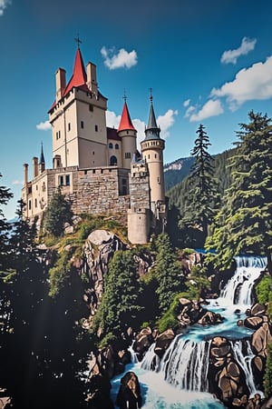 T_shirt,Design(Captured at eye-level on a vibrant day, a majestic castle stands atop a mountain, adorned with a red roof. The castle is situated on a rocky cliff, adding a touch of nature to the scene. To the right of the castle, a stream of water is flowing, creating a peaceful and serene landscape. The sky is a deep blue, dotted with a few white fluffy clouds, adding depth to the composition.)