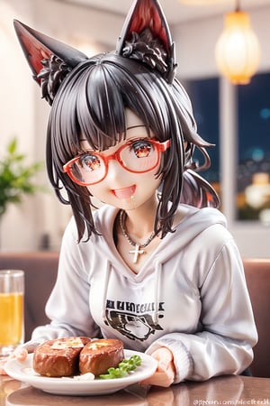 //quality, masterpiece:1.4, detailed:1.4, ,best quality:1.4, //, 1girl, cute,solo,Tekeli,//,black fox ears,animal ear fluff,black fox tail,sidelocks,black hair,red inner hair,short ponytail,red eyes,//, fashion,red_glasses,cross_necklace, hoodies,hood down,//,blush,happy,smile, drooling,:D,(straight-on), looking down, sitting,//,ink paint, bright lights and colors, indoor, restaurant,beef steak, dishes of beef steak,detailed beef steak,pov beef steak,score_9,score_8_up,score_7_up,3D