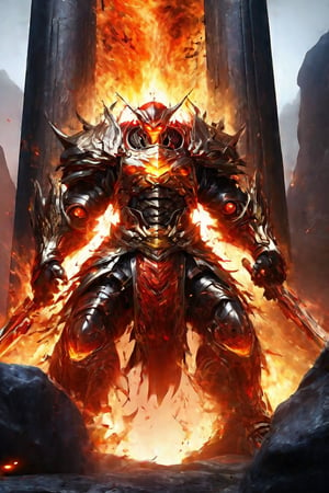 solo, open mouth, teeth, armor, no humans, fangs, fire, monster, pillar, molten rock,vibrant_colors,high_resolution,