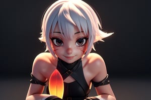 3D, pvc, render, jack_the_ripper, anime, smile, high lights, light aura, best quality, masterpiece, a very delicate and beautiful, (one little and cute girl at the center:1.2), (solo:1.3), outdoors, cheek_scar