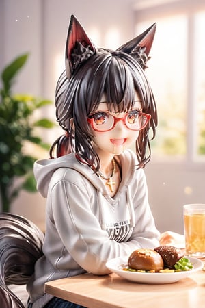 //quality, masterpiece:1.4, detailed:1.4, ,best quality:1.4, //, 1girl, cute,solo,Tekeli,//,black fox ears,animal ear fluff,black fox tail,sidelocks,black hair,red inner hair,short ponytail,red eyes,//, fashion,red_glasses,cross_necklace, hoodies,hood down,//,blush,happy,smile, drooling,:D,(straight-on), looking down, sitting,//,ink paint, bright lights and colors, indoor, restaurant,beef steak, dishes of beef steak,detailed beef steak,pov beef steak,score_9,score_8_up,score_7_up,3D