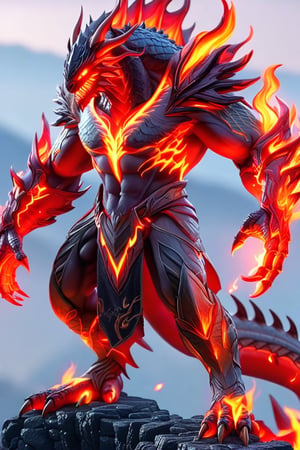 an evil man stands on a hill top. He uses the magic spell and turns into a powerful fire magic \(ek_ge1frt\) monster,ek_game_3ffect,red_scales,Large_claws,3D,PVC