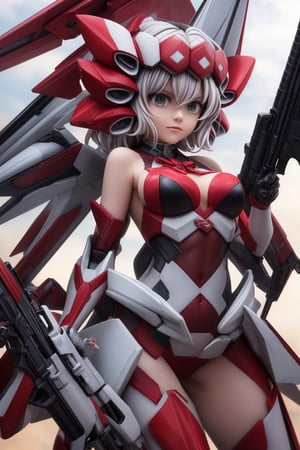 YukineChris,mechskirt, holding 2guns(gattling guns), multiple explosions in the background, close_up on face, More Detail,mecha musume,