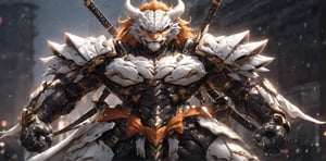 solo, long hair, looking at viewer, 1lion, animal ears, male focus, orange hair, armor, blurry, muscular, feet out of frame, scar, pectorals, muscular male, shoulder white armor, bara, pelvic curtain, furry, clenched hands, large pectorals, rain, furry male, tiger ears, lion boy, white fur, mechanical arms,TR mecha style, (score_9, score_8_up, score_7_up, score_6_up), Dragon,SDXL, 4_arms,shogun style
