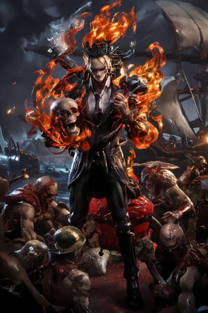 Full-body portrait of Mr. 3 from One Piece, wearing his classic striped suit and black tie, with hair shaped into a flaming number 3. Halloween-themed design, combining spooky zombie elements. The scene is set aboard the Thousand Sunny, with the large triple-sailed ship in the background. The scene mixes realistic textures with animation style, creating a surreal and captivating atmosphere. Mr. 3 stands among zombies, holding a wax sculpture of a skull, blending spooky and adventurous vibes. Enhanced all, Fantasy detailers,Spooky  Art Drawing,FANGS,Resin,a 3D rendering of a figurine 