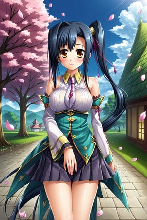 kan'u \(koihime musou\),kan'u,glitter,porcelain_art,Dragon, (sakura trees in the background), sakura_petals blowing in the wind, pov_lap,Details