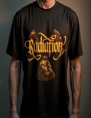 T_shirt,Design((best quality, masterpiece, ultra detailed, 8K, RAW photo), The word "Radiation" written in a beautiful gothic style with golden glowing calligraphy ink over a background of radioactive waste),full length shirt