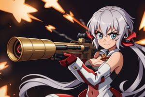 Close-up shot of YukineChris, her eyes locked intensely on the lens as she holds a futuristic-looking Gatling gun in each hand. The guns' rotating barrels spin rapidly, casting a metallic whirring sound against the darkened background. Her pose exudes confidence and authority, with one gun pointing directly at the camera while the other is cocked and ready to fire.
