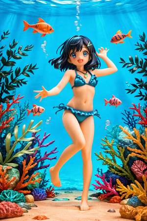 masterpiece, best quality, sky, 1girl,liko_pokemno,short_hair, blue_hair,Hair blush,blue_eyes, Young, Cute,Slim,Collarbone,Necklace,Pendant, Bangs Fastened,Hair Clips (V-Shape, Green),black hair/Blue Strands back (bikini:1.3), hairclip, blue eyes,  clenched fists, nature ,(masterpiece,best quality:1.3),(100+ colorful tropical fish:1.2),(underwater:1.3),floating pose,smile,,(frills bikini,:1.2), (bubble effect:1.3) , ,vivid color,sun shine,(deep detailed eyes:1.3),,Liko_pokemno,more detail XL,Short hair,score_9,score_8_up,score_7_up,3D,PVC Style, full_body,beautiful_female_fingers,perfect hands,detailed hands,beautiful hands