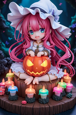 ink outline, fine detail rendered, colorful, horror style, 1girl, chibi, white witch, adorable, cute, kawaii, sitting on a stump, holding a haunted pumpkin with both hands, colorful candles lined up all around her, long red hair, smile, white witch's hat, white dress, boots, stunningly crafted jewelry, full body, deep forest, butterflies, fantastic, mysterious, most fashionable, most stylish, dark background, detailed background, every detail is rendered in superb detail, perfect composition, masterpiece, best quality, 8k, ultra-detailed, very clear, perfect anatomy, anatomically correct hands, beautiful face, beautiful eyes, detailed eyes, beautiful hair, detailed hair,An anime pvc figure of <...>