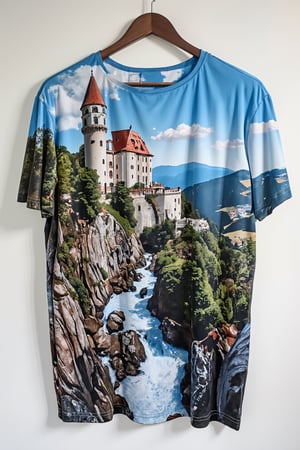 T_shirt, Design(Captured at eye-level on a vibrant day, a majestic castle stands atop a mountain, adorned with a red roof. The castle is situated on a rocky cliff, adding a touch of nature to the scene. To the right of the castle, a stream of water is flowing, creating a peaceful and serene landscape. The sky is a deep blue, dotted with a few white fluffy clouds, adding depth to the composition.)