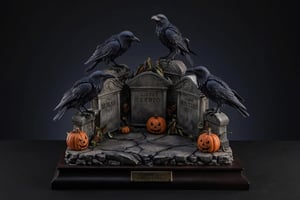  A super-realistic figure, multiple ravens sitting on cracked tombstones surrounded by jack-o'-lanterns. The scene takes place on a polished ebony base with a brass nameplate. The nameplate at the feet reads "Be careful not to wake the dead", made of Resin.,a 3D rendering of a figurine 