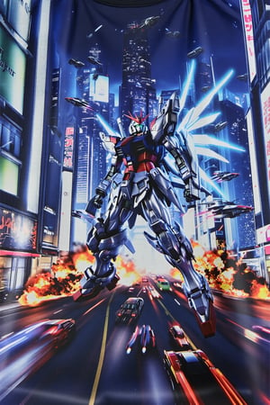 design(A dynamic close-up shot of a gundam warrior in action, his metallic body glistening under neon lights, clashing with enemies on the busy streets of a futuristic city. Exploding vehicles and fire create a chaotic scene. The backdrop features towering skyscrapers with holographic advertisements and flying vehicles whizzing by. The warrior's pose is aggressive, with his glowing energy weapon activated and wings of light emanating from the backpack on his back. The scene is lit with a combination of artificial and natural lighting, creating dramatic shadows.,a 3D rendering of a figurine ,T-shirt), looking from a distance