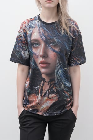 T_shirt with a Design(1girl, realistic, epic textures, realistic textures, ((full body)), white background, stunning image, badass, pretty detailed image, masterpiece, looking at viewer, epic character, professional style.,a 3D rendering of a figurine,Enhanced all,lucy_flux,),full length shirt