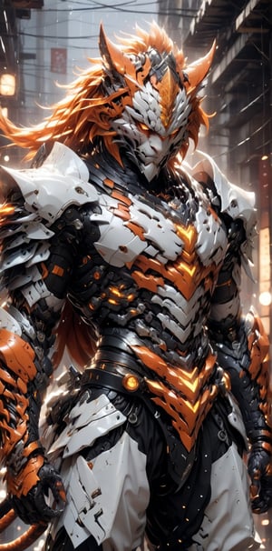 solo, long hair, looking at viewer, 1lion, animal ears, male focus, orange hair, armor, blurry, muscular, feet out of frame, scar, pectorals, muscular male, shoulder white armor, bara, pelvic curtain, furry, clenched hands, large pectorals, rain, furry male, tiger ears, lion boy, orange fur, mechanical arms, (3 swords),TR mecha style,score_9, score_8_up, score_7_up, score_6_up,Dragon,SDXL