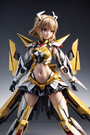 mechskirt(yellow armor),(kung_fu dojo background), full-body_portrait, More Detail,porcelain_art,add detail,mecha,score_9_up,score_8_up,score_7_up,3D,thflex,kung fu, hair ornament,short hair,hibiki tachibana, navel,bodysuit,Golden Warrior Mecha,mecha musume