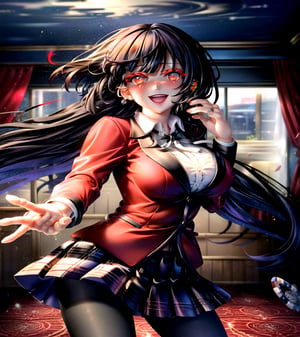 masterpiece, best quality, highres, hmjy1, long hair, blunt bangs, red eyes, school uniform, red jacket, blazer, pantyhose, white shirt, black ribbon, pleated skirt, , cowboy shot, blush, indoors, casino, glowing eyes, outstretched arm, evil smile, open mouth,