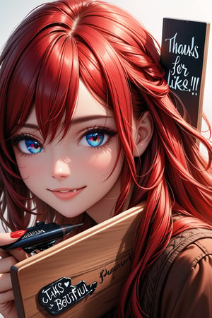 Very beautiful girl holding a board with text "Thanks for 1K likes!" text, illustration, detailed, realistic, UHD, beautiful detailed eyes, beautiful detailed, Warmly smile.,Text,Ink art,long hair,red hair,hair between eyes