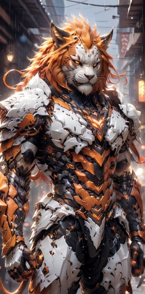 solo, long hair, looking at viewer, 1lion, animal ears, male focus, orange hair, armor, blurry, muscular, feet out of frame, scar, pectorals, muscular male, shoulder white armor, bara, pelvic curtain, furry, clenched hands, large pectorals, rain, furry male, tiger ears, lion boy, orange fur, mechanical arms, (mechanical_claws)