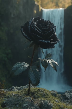 T_shirt,Design(Ultra hyper-detailed and hyper-realistic of a black rose from the side that was placed on the wet mossy stone with water droplets clearly visible on the petals,the atmosphere in the cold waterfall area was also quiet,the effectof the splash of the waterfall and the rays of the sun towards the black rose flower was clearly visible.),full length shirt