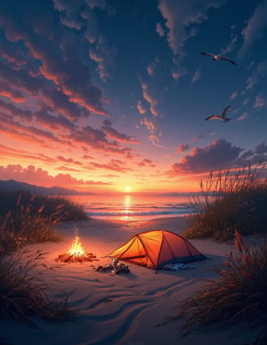 T_shirt,Design(A breathtaking 4K  wallpaper unfolds: Tourist tent, pretty dog, nestles beside a crackling campfire on a tranquil beach at sunset. Warm flames dance across the smooth sand as the sky transforms into a kaleidoscope of orange, pink, and purple hues. Gentle waves caress the shoreline, mirroring the vibrant colors above. Tall grasses whisper in the evening breeze, their gentle sway harmonizing with the lapping surf. Seabirds glide effortlessly across the sky, adding to the serene atmosphere. The only sounds are the campfire's crackle and the soothing melody of the waves. A sense of quiet reflection and timeless beauty permeates the scene, inviting viewers to weave their own stories around this nostalgic moment.),full length shirt